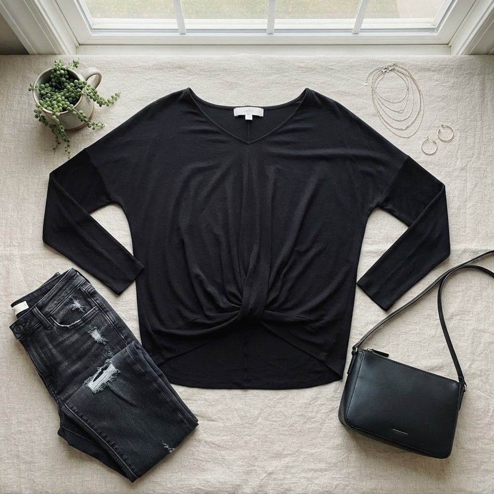 LOFT Womens Small Black V-Neck Twist Front Knot Long Sleeve Knit Top High Low